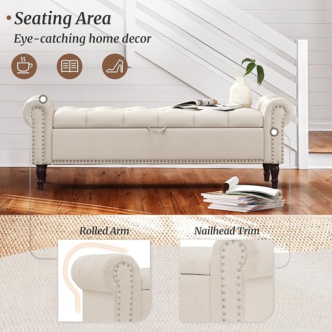 Cozyman Storage Bench Ottoman, 61" King Linen Rolled Arm Bedroom End of Bed Bench, Window Bench with Button Tufted and Nailhead Trim for Foot of Bed Bench, Bedroom, Entryway, Living Room, Linen Color