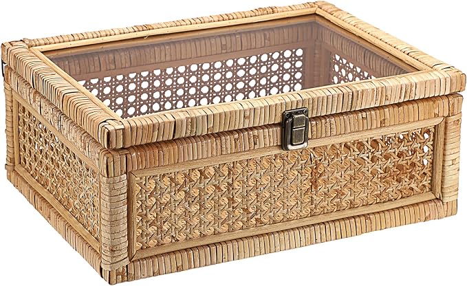 Hipiwe Vintage Decorative Box with Clear Lid Rattan and Wood Display Boxes | Handcrafted Shelf Basket Bin Large Wicker Storage Basket Rectangular Keepsakes Box for Bathroom Home Decor, 14x10x5.7 inch