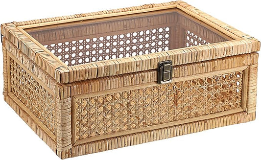 Hipiwe Vintage Decorative Box with Clear Lid Rattan and Wood Display Boxes | Handcrafted Shelf Basket Bin Large Wicker Storage Basket Rectangular Keepsakes Box for Bathroom Home Decor, 14x10x5.7 inch