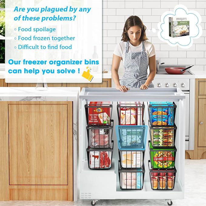 SUNALLY Freezer Organizer Bins, 8 Pack Stackable Pantry Storage Bins, Black | Chest Freezer Organizer for 5-7 Cu.FT Deep Freezer to Sort Frozen Meats & Food, Wire Baskets for Pantry Organizers & Storage