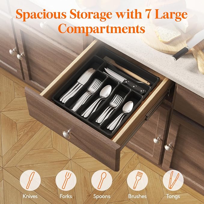 Lifewit Silverware Drawer Organizer Tray, Plastic Cutlery Storage for Kitchen, Flatware and Utensil Holder Divider for Spoons Forks Knives Tableware, 12.3 x 14.2", 7 Slots, Black