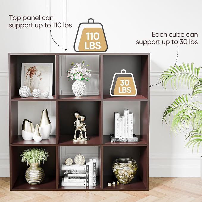 ZenStyle 9 Cube Storage Shelf Organizer, Wooden Bookshelf System Display Cube Shelves Compartments, Customizable W/ 5 Removable Back Panels (Brown, 9 Cube)