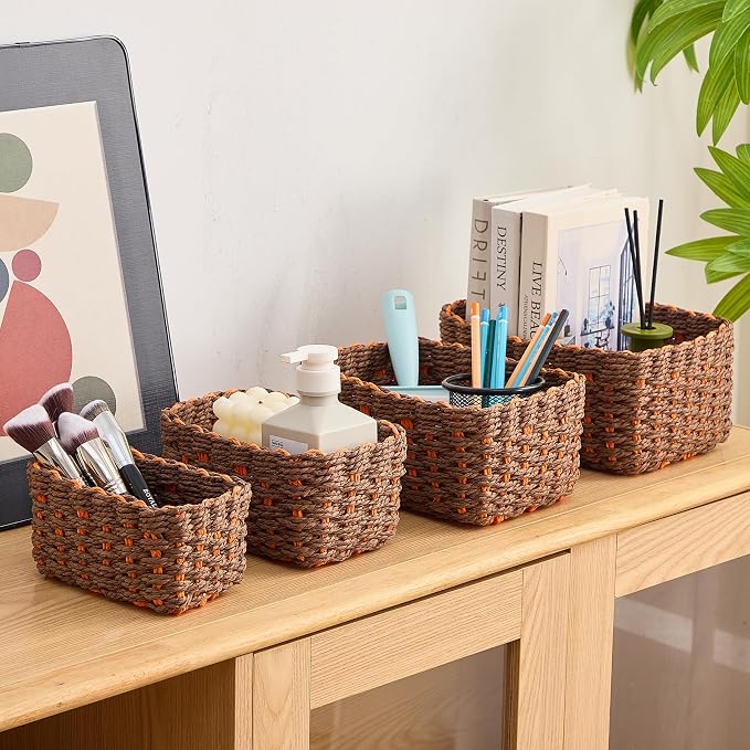 4PCS Woven Storage Baskets Set, Small Baskets for Organizing, Square Handwoven Paper Rope Organizer Bins for Shelves and Home Storage (Brown & Orange)