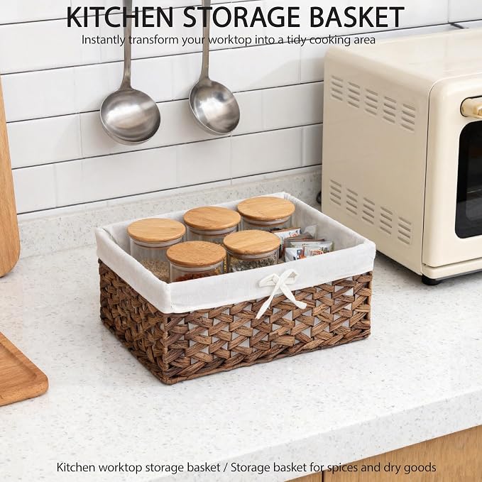 Rectangular Woven Seagrass Storage Bins with Handle,Kingwillow. (water hyacinth, Medium)