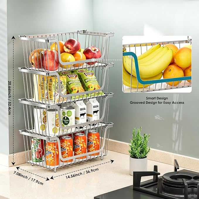4 Pcs Stackable Wire Baskets for Pantry Organizers and Storage,silver | Vegetable Fruit Basket for Countertop,Kitchen Storage Metal Baskets,Produce Potato Onion Storage Bin,