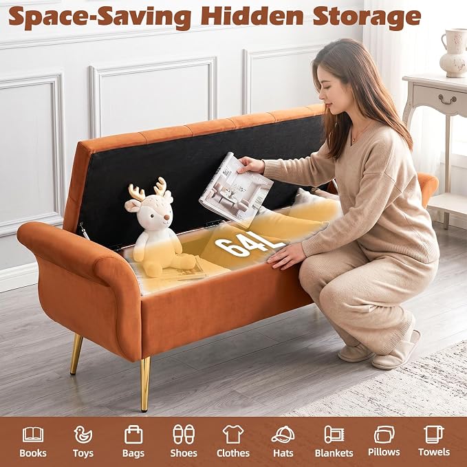 Storage Ottoman Bench 63’’ Length Upholstered End of Bed Bench