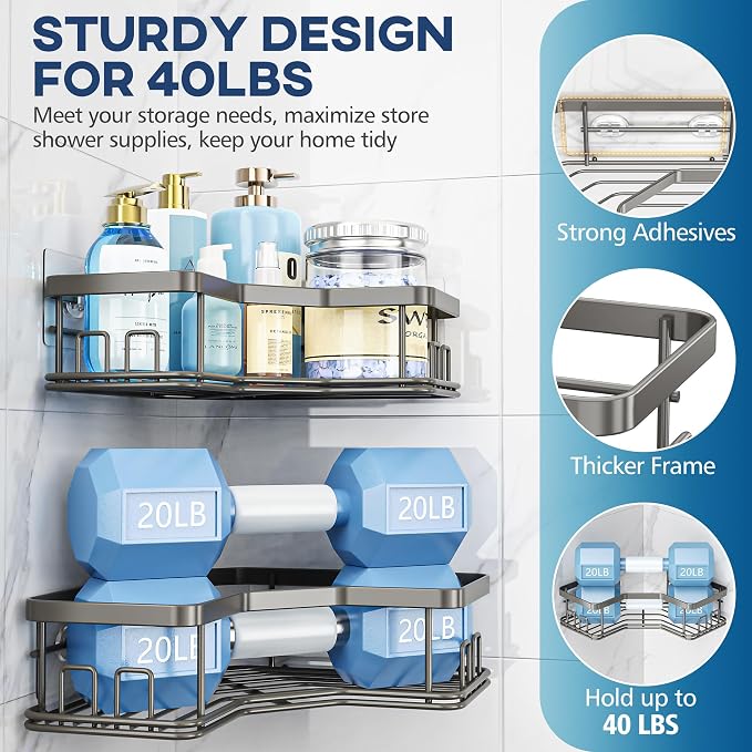 MAXIFFE 3 Pack Corner Shower Caddy with Soap Holder, Large Capacity Sturdy Easy Install No Drilling Stainless Steel Hold 40 LBS Shower Organizer Shelves Rack Storage for Family Renters Bathroom, Grey