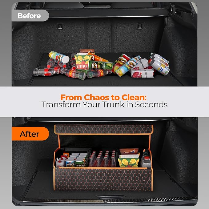Fyzeoty Car Trunk Organizer for SUV and Sedan, Orange-Honeycomb, 29.5 in | Honeycomb Textured Exterior, Extra‑Large, Premium Leather, Magnetic Lid, Collapsible & Adjustable, Water‑Resist & Dust‑Proof