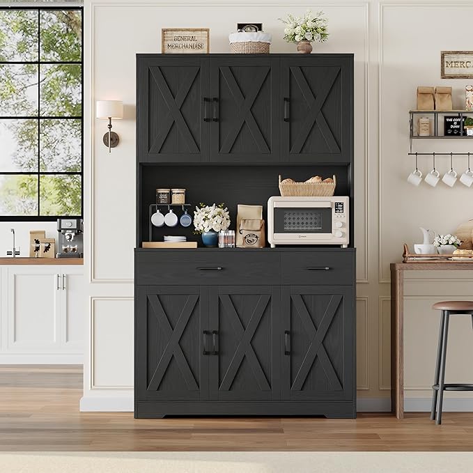 HOSTACK 71" H Kitchen Pantry Storage Cabinet,Farmhouse Hutch Cabinet, Black | Space-Saving Pantry Cabinet with Charging Station & 2 Large Drawers & Adjustable Shelves, Tall Kitchen Hutch for Dining Room