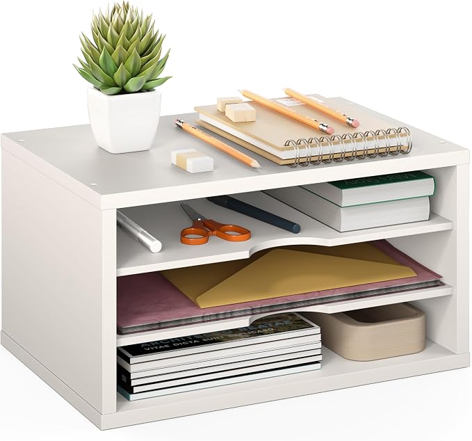 Ballucci File Organizer, 3-Tier Document Paper Sorter, Stackable Wood Desk Organizer, Mail Sorter and Monitor Stand with Storage Shelves, White
