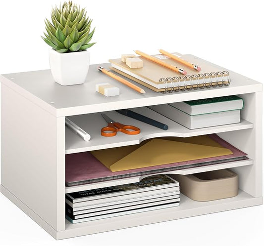 Ballucci File Organizer, 3-Tier Document Paper Sorter, Stackable Wood Desk Organizer, Mail Sorter and Monitor Stand with Storage Shelves, White