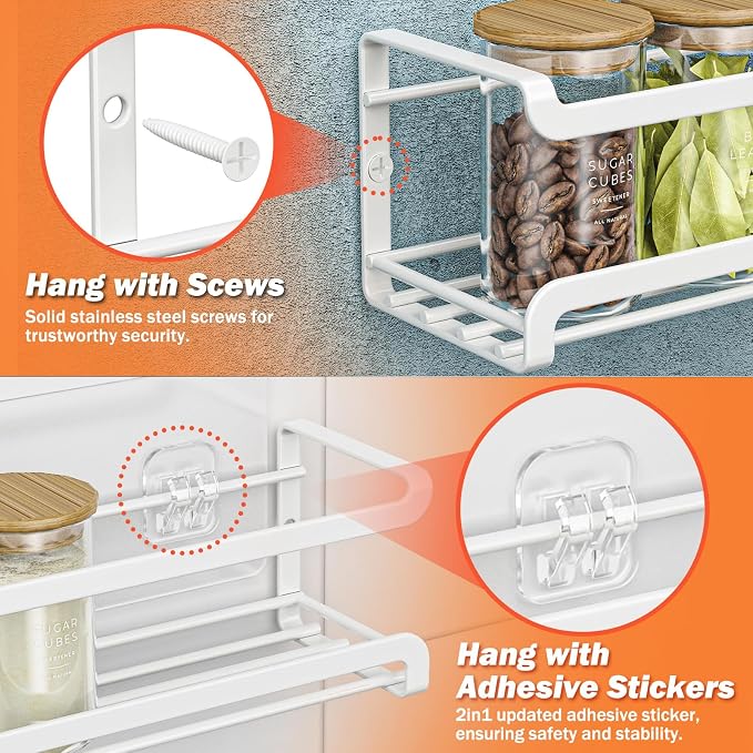 Bunoxea Spice Rack Wall Mounted 2 Pack, White,For Spice Jars & Seasonings | 2 Removalble Hooks,Screw or Adhesive Hanging, Space-Saving,For Kitchen Cabinet, Pantry Door,Stove,RV Use,11.41x2.75x2.75in