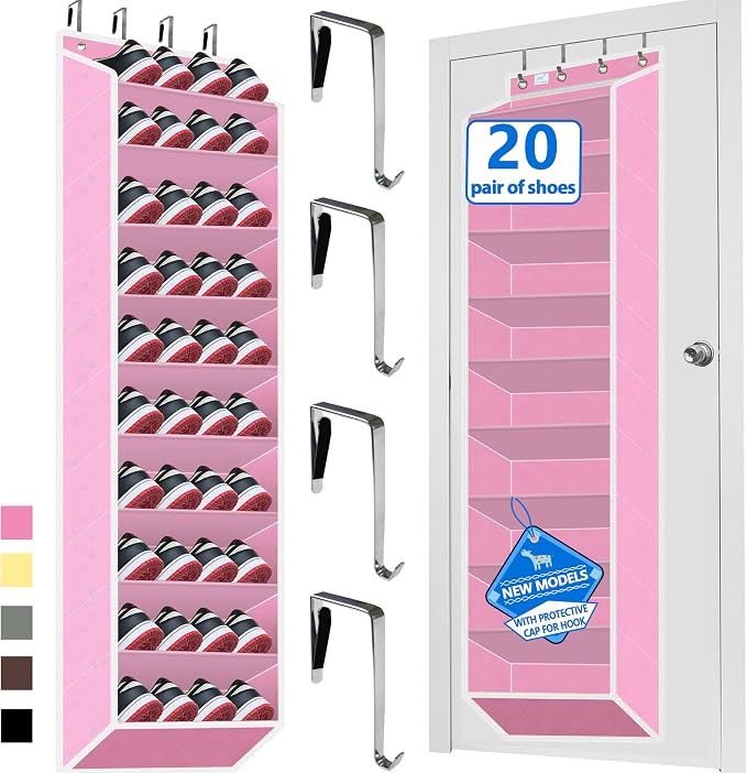 Over the Door Shoe Organizer, 20 to 30 Pairs Hanging Shoe Holder, Heavy Duty Extra Deep Pockets Shoe Storage for Closet, Anti-Scratch Hooks & FSC-Certified Bamboo - Pink