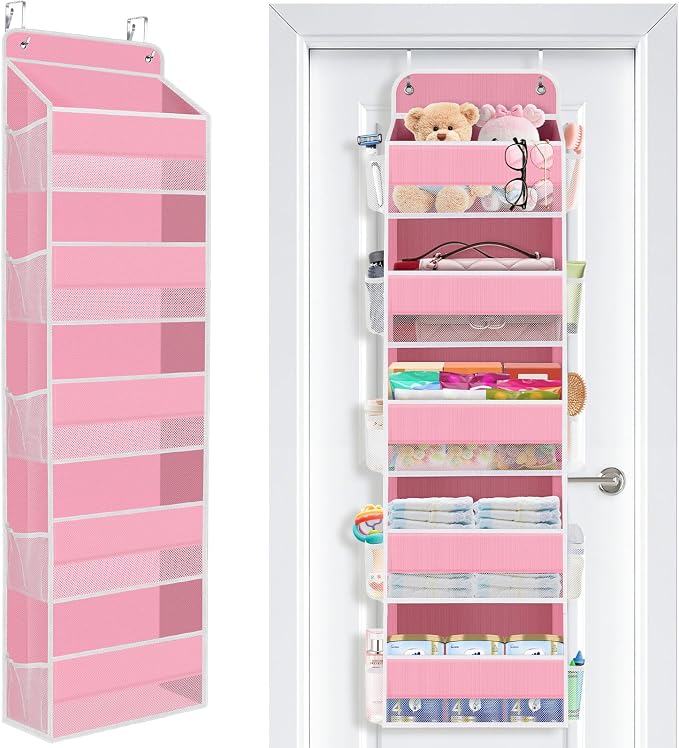 Over the Door Organizer, 5 Large Pocket Hanging Storage with 40lb Capacity | Space Saving Door Storage for Nursery, Bathroom, Bedroom and Closet, Baby Essentials and Toiletry Organizer, Pink