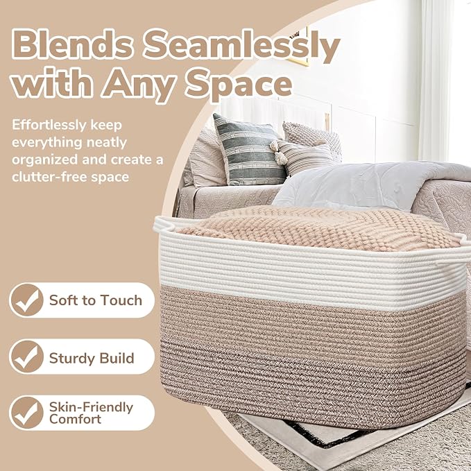 Goodpick 105L Extra Large Woven Blanket Basket, Cotton Rope, Light Brown | 25 x 16 x 16 in, Rectangle, Living Room, Bedroom & Nursery Organization, Blankets, Pillows, Toys & Clothes Storage