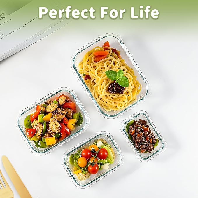 HOMBERKING 8 Pack Glass Food Storage Containers with Lids, Meal Prep Containers, Airtight Bento Boxes with Leak Proof Locking for Microwave, Oven, Freezer and Dishwasher, BPA Free, 5-35oz, white