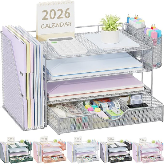gianotter Desk Organizers and Accessories with File Holder, 4-Tier Desk Accessories & Workspace Organizers with Drawer and 2 Pen Holder, Paper Organizer for Office Supplies (Grey)