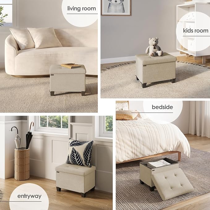 Storage Ottoman Cube with Small Bin, 16-in Square Ottoman with Storage for Living Room and Bedroom, Small Ottomans Foot Rest, Fabric Foot Stools Ottomans Max 330lbs, Beige