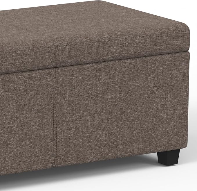 SIMPLIHOME Avalon 54" Wide Vegan Leather Storage Ottoman in Brown | Contemporary lift-top ottoman with high-density foam; rectangle storage bench or coffee table for living room or entryway.