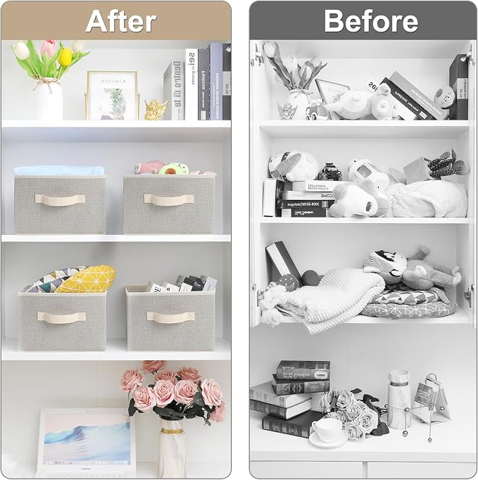 11 inch Storage Baskets, Woven Fabric Bins, Storage Cubes with Reinforced Handles, Organizer Bins for Closet Shelves, Foldable, for Clothes (Beige, 2PCS/11*11*7.8inch)
