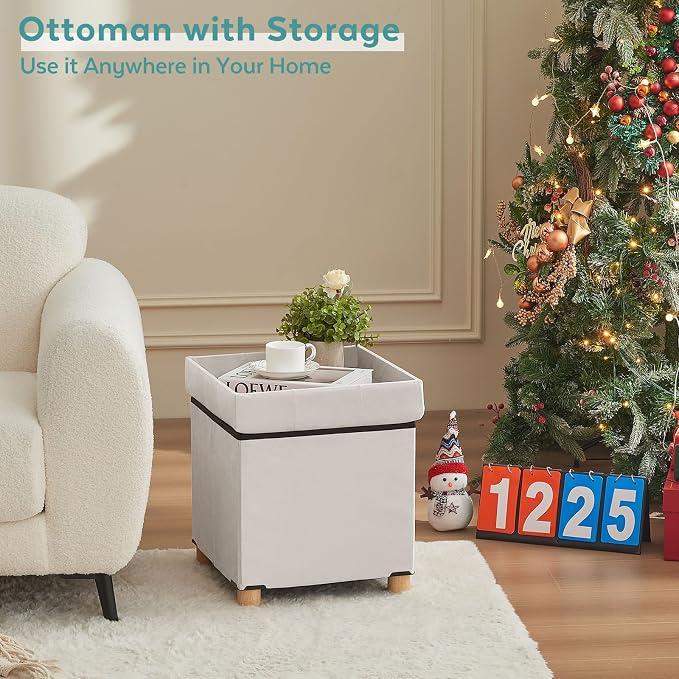 BRIAN & DANY 15" Small Ottoman with Storage Cube, Square Storage Ottoman Foot Stool with Wood Legs, Velvet Ottomans for Living Room, Bedroom, Dorm, White