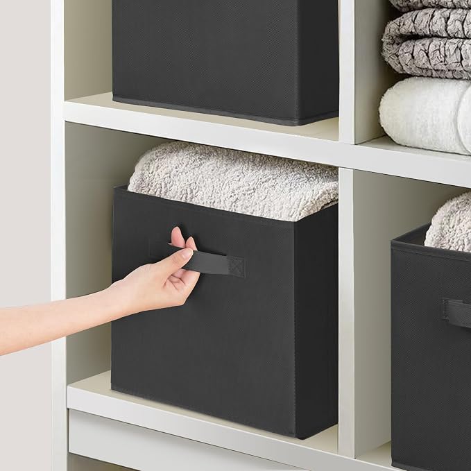 11x11 Inch Storage Bins Cubes, Fabric Foldable Storage Box, Collapsible Closet Organizer for Clothes, Blankets, Office, Bedroom, Living Room, Shelf Cabinet, Bookcase, Black, 5 Pack