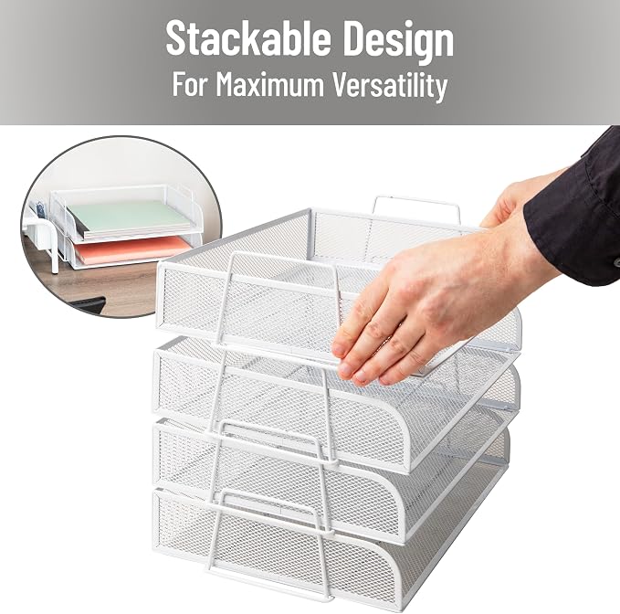 Mind Reader Stackable Paper Tray, Desktop Organizer, File Storage, Office, Metal Mesh, 4 Pcs., White