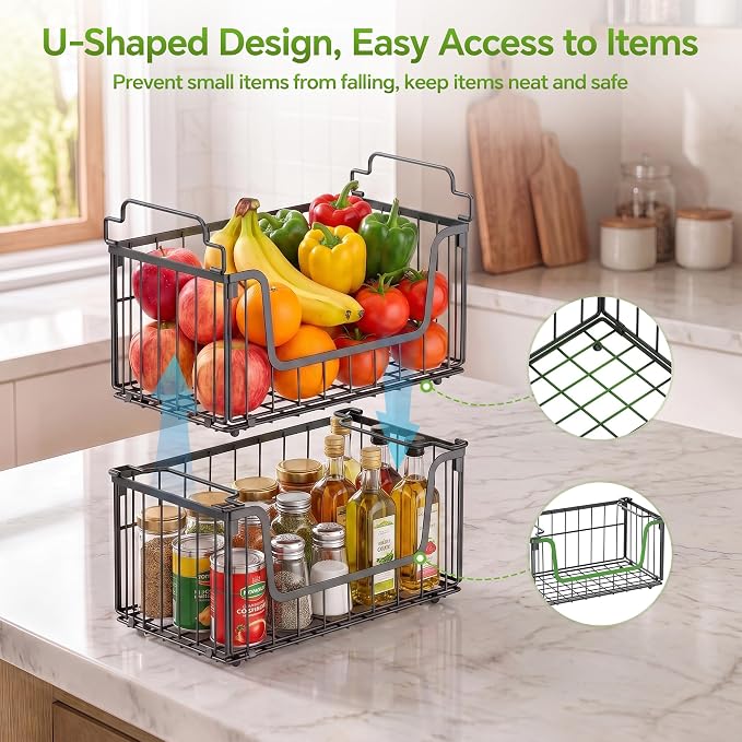 MSERCUOR 4 Pack Foldable Wire Basket for Pantry Organizers and Storage, Stackable Vegetable Fruit Basket for Kitchen Counter, Black Potato and Onion Storage Bin