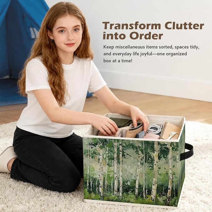 Modern Abstract Birch Tree Storage Box Bins, Green Forest Nature Landscape Collapsible Storage Basket Organizer for Bedroom Laundry Room Home Clothes Books, Decor for Room