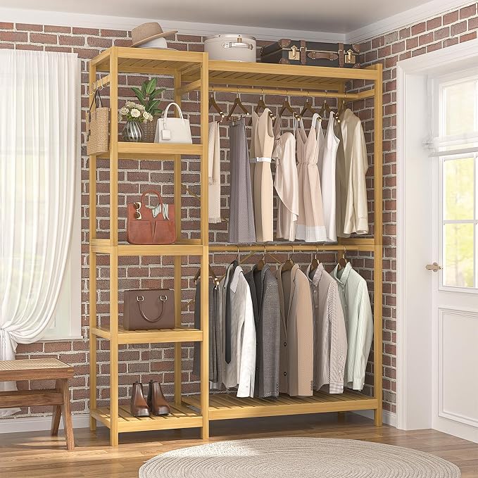 Bamboo Clothes Rack Garment Rack for Hanging Clothes, Heavy Duty Clothing Rack with 7 Tiers Adjustable Shelves, Double Rods, 4 Hooks, Freestanding Closet System Organizer Wardrobe, Natural