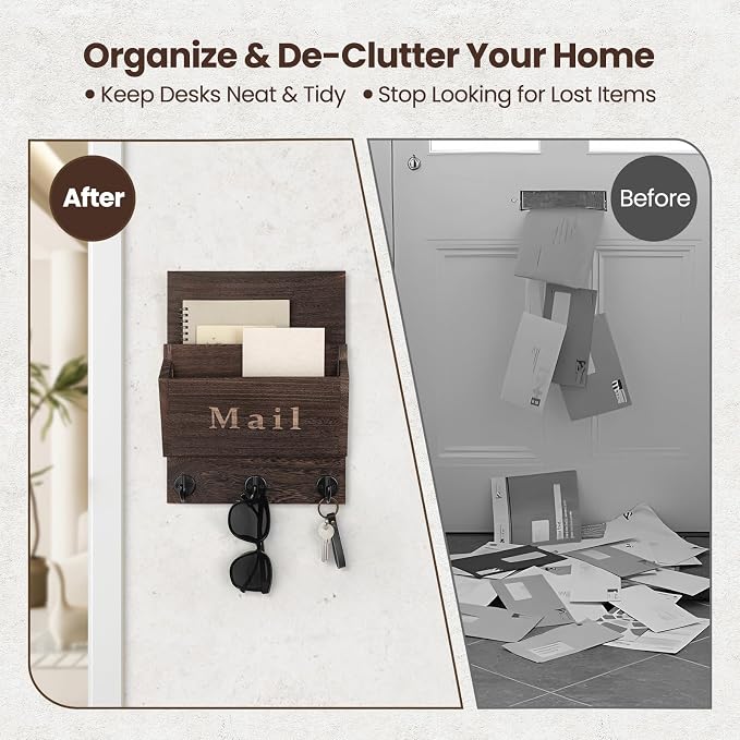 Mail and Key Holder, Wall Key Holder with 2 Mail Organizer Slot and 3 Hooks | Decorative 8.86" x 11.42" Mail Holder, Real Paulownia Wood with Keyhole Brackets, Hardware and Instructions