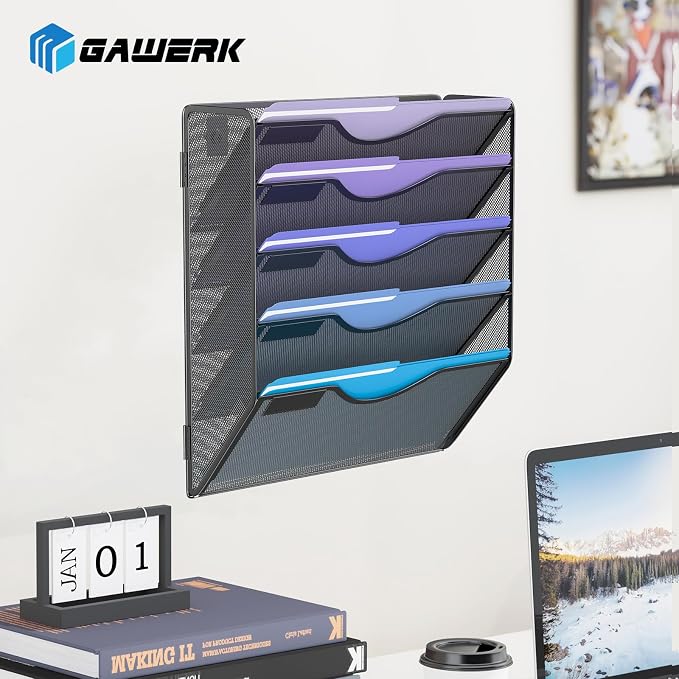 Gawerk 5 Tier Hanging Wall File Organizer, Mesh Mail Paper Orgnization Hanging File Folder Holder for Home Office, Black