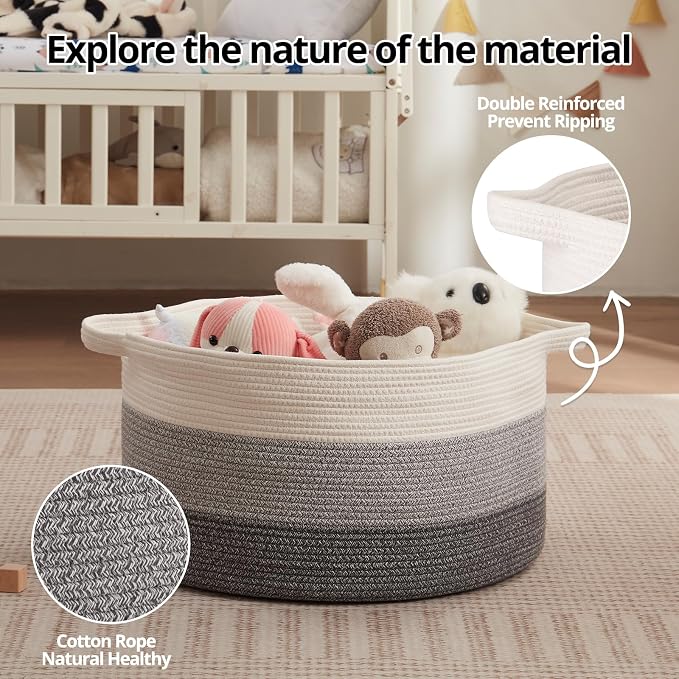 OIAHOMY 90L Extra Large Blanket Basket - Decorative Cotton Rope Storage Basket for Bedroom, Living Room & Nursery - Woven Laundry Hamper for Organizing Blankets, Clothes & Toys - Gradient Grey