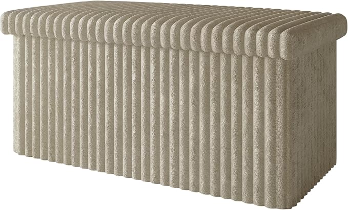 HOME DESIGN Florence 30" Upholstered Folding Storage Bench, Tufted Top, Space-Saving Storage, Light Beige Upholstery