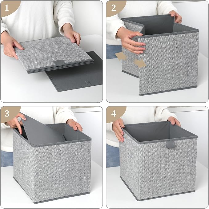 Storage Baskets, 11.8-Inch Woven Fabric Bins, Storage Cubes with Reinforced Handles, Organizer Bins for Closet Shelves, Foldable, for Toys, Clothes (2PCS/Grey-11.8*11.8*11.8inch)