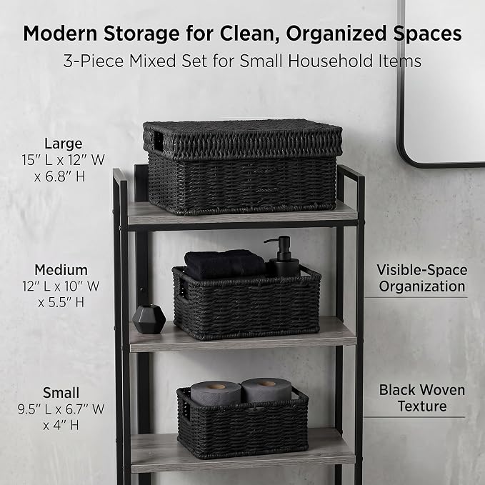 Wicker Storage Basket with Lid for Shelves, 3-Basket Set, Black | One rectangular wicker basket with lid and two open baskets for decorative shelf storage; removable lid flips into a tray.