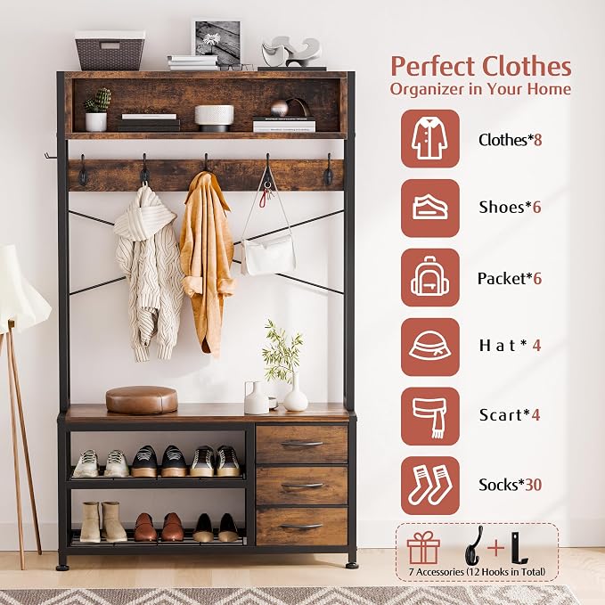 Hall Tree with Bench and 3 Drawers Storage, 31.5" Coat Rack Freestanding | Rustic Brown, 6-in-1, Top Cubby, 12 Coat Hooks, Adjustable Shoe Rack, Sturdy Metal Frame, Entryway Organizer