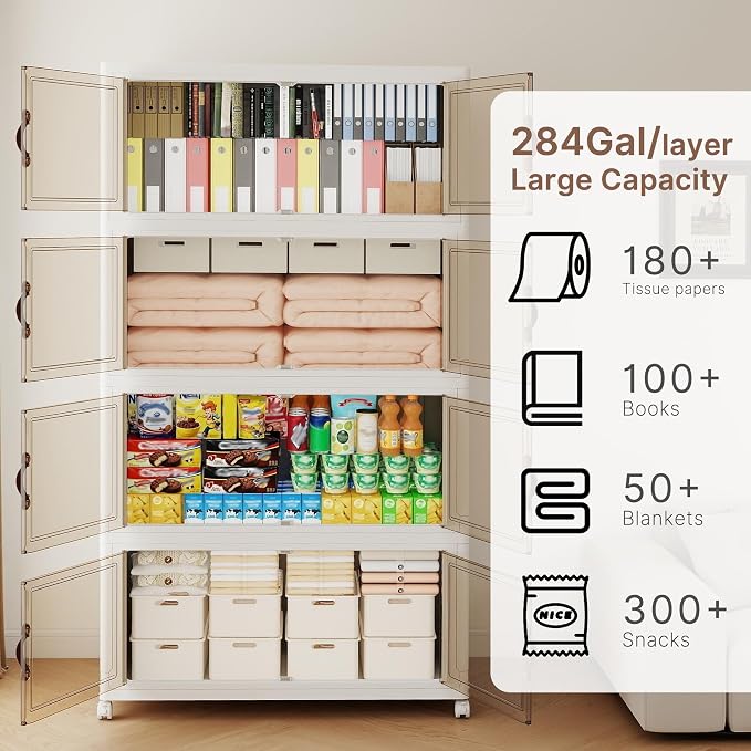 1136QT Extra Large Stackable Storage Bins with Lids | & Wheels & Door, 284Gal Foldable Collapsible Closet Organizers, Plastic containers drawers for bedroom Dorm