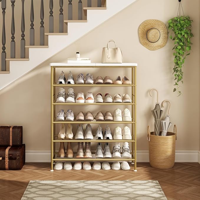 SUOERNUO 6 Tier Shoe Rack Organizer for Closet Shoe Storage for Entryway | Free Standing with MDF Top Board,Sturdy Metal Frame,Ideal for Living Room,Hallway Gold
