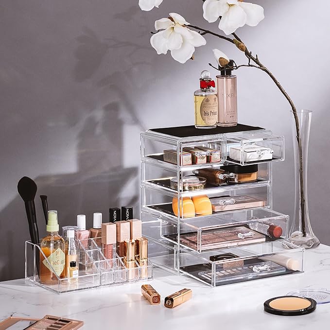 Sorbus Acrylic Makeup Organizer Set, 6-Drawer Vanity & Countertop Cosmetic Storage with Small & Wide Compartments, Clear Makeup Storage for Brushes, Jewelry – Holiday Gift for Women & Teens