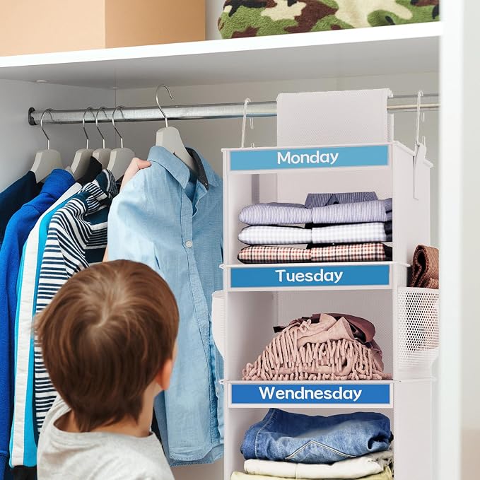 Fixwal Weekly Kids Clothes Organizer 2 Pack 6-Shelf Hanging Storage | Nonwoven Fabric, 6 Daily Shelves, 6 Mesh Side Pockets, 2 Metal Hooks, Foldable Design, for Kids Outfits and Accessories