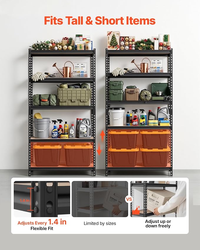VEVOR Storage Shelves, 5-Tier Adjustable, 2000 lbs Capacity, Heavy Duty Garage Storage Shelving Unit, Metal Utility Rack Shelf, for Garage Warehouse Basement Kitchen, 36.34" W x 18.07" D x 71.38" H