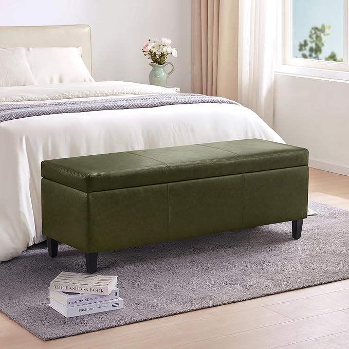 Storage Ottoman Bench 50.3" Faux Leather Upholstered End of Bed Bench,Green | Hidden Storage Accent Ottoman for Living Room, Bedroom, Entryway, Safety Hinges, Load up to 300lb