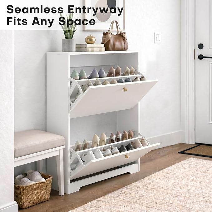 Nicetree Shoe Cabinet with 2 Flip Drawers, Modern Entryway Organizer, White | Narrow Shoe Organizer, Freestanding Shoe Rack Cabinet, Modern Shoe Storage Cabinet for Entryway, Hallway, Foyer, With Hook