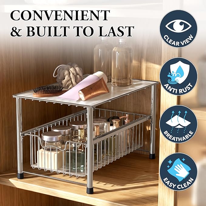 Simple Houseware Chrome Metal Stackable Storage Rack, 16.75 in L x 10.8 in W x 10.25 in H | Free Standing Organizer Drawer, Kitchen/Pantry/Cabinet/Counter