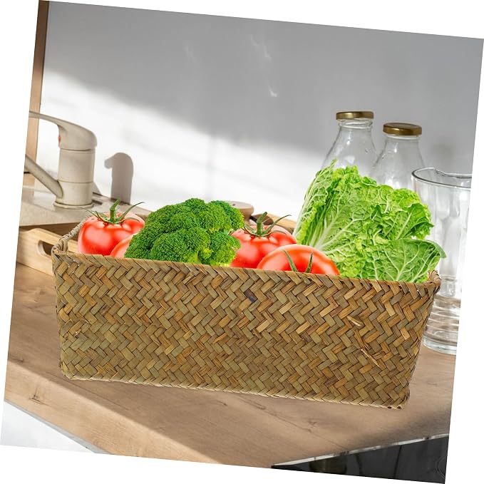 Decorative Woven Storage Basket Multipurpose Hand Woven Rectangular Holder for Vegetables Sundries Organizer Suitable for Bedroom Living Room Bathroom Office