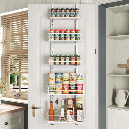 5-Tier Narrow Pantry Door Organizer,Over the Door Pantry Organizer,White | Height Adjustable Heavy Duty Hanging Metal Basket,Back of Door Organizers and Storage for Home,Kitchen,Laundry,Bathroom