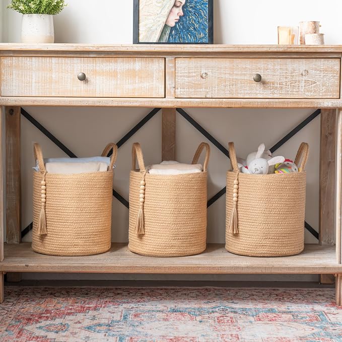 Mkono Woven Storage Basket Decorative Natural Rope Basket Wooden Bead Decoration for Blankets,Toys,Clothes,Shoes,Plant Organizer Bin with Handles Living Room Home Decor (Brown, 28 x 28cm) | Brown, Jute, Decorative Basket with Handle, Wood Beads Tassel,...