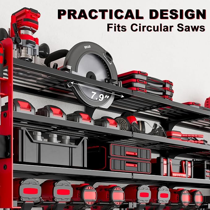 Power Tool Organizer Wall Mount, 12-Drill 4-Tier Charging Station, Red | Heavy-duty 4-Tier Metal Rack Stores 12 Drills; Side Pegboards and Screwdriver Slots Add Storage, Plus a 4-Outlet Power Strip