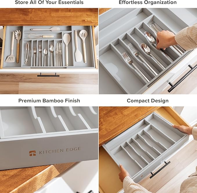 KitchenEdge Silverware & Utensil Drawer Organizer, 18-33 in, Gray Bamboo | Cutlery, flatware, food-safe contract grade, kitchen drawer fit